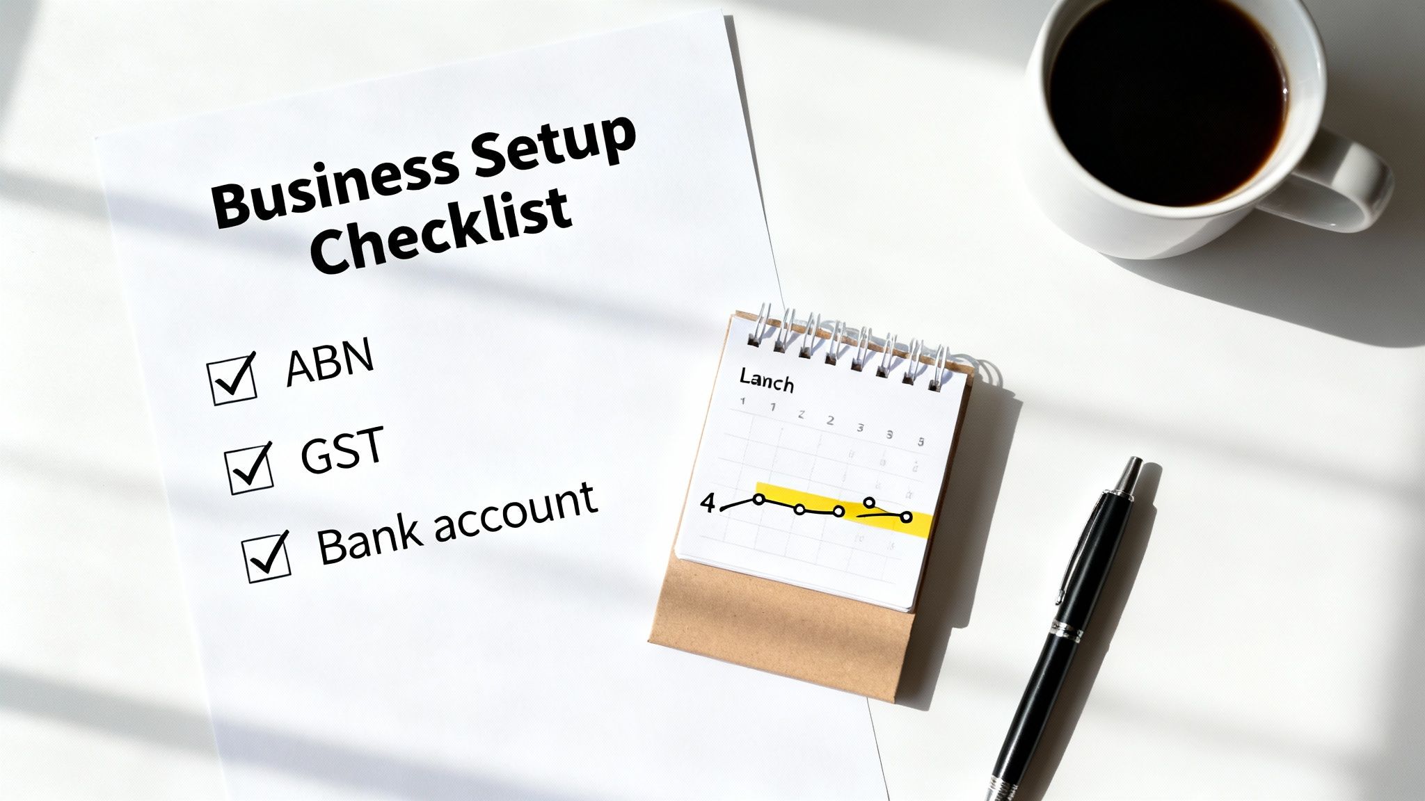 A business setup checklist showing completed steps for ABN, GST, and bank account, next to a desk calendar and a coffee mug.