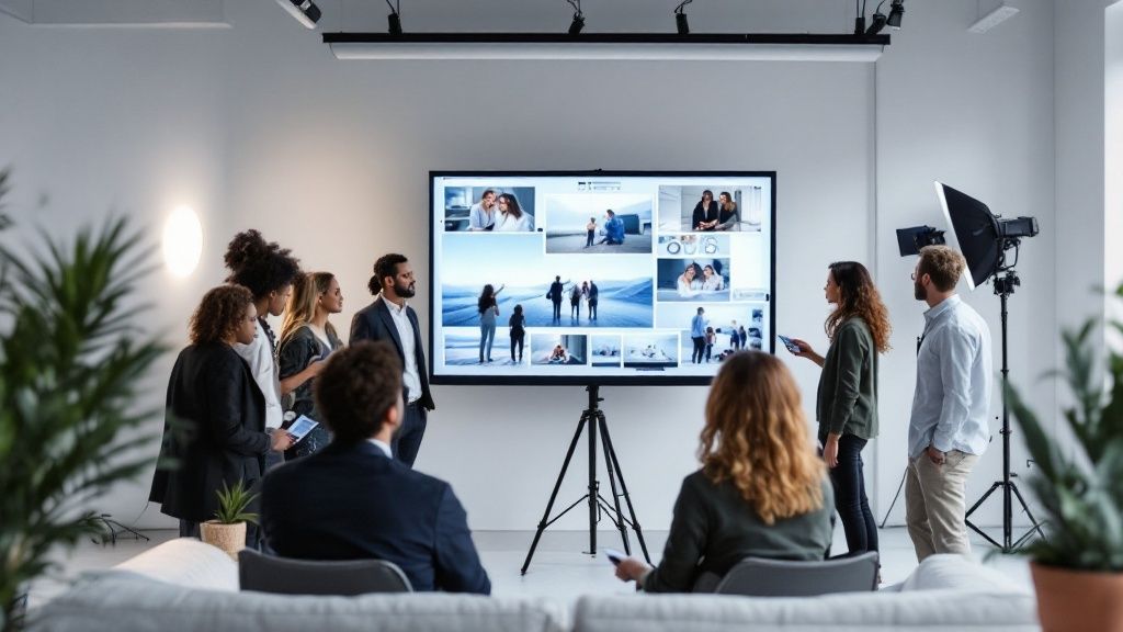 Creative team in a studio discussing visuals on a large screen during a media project presentation