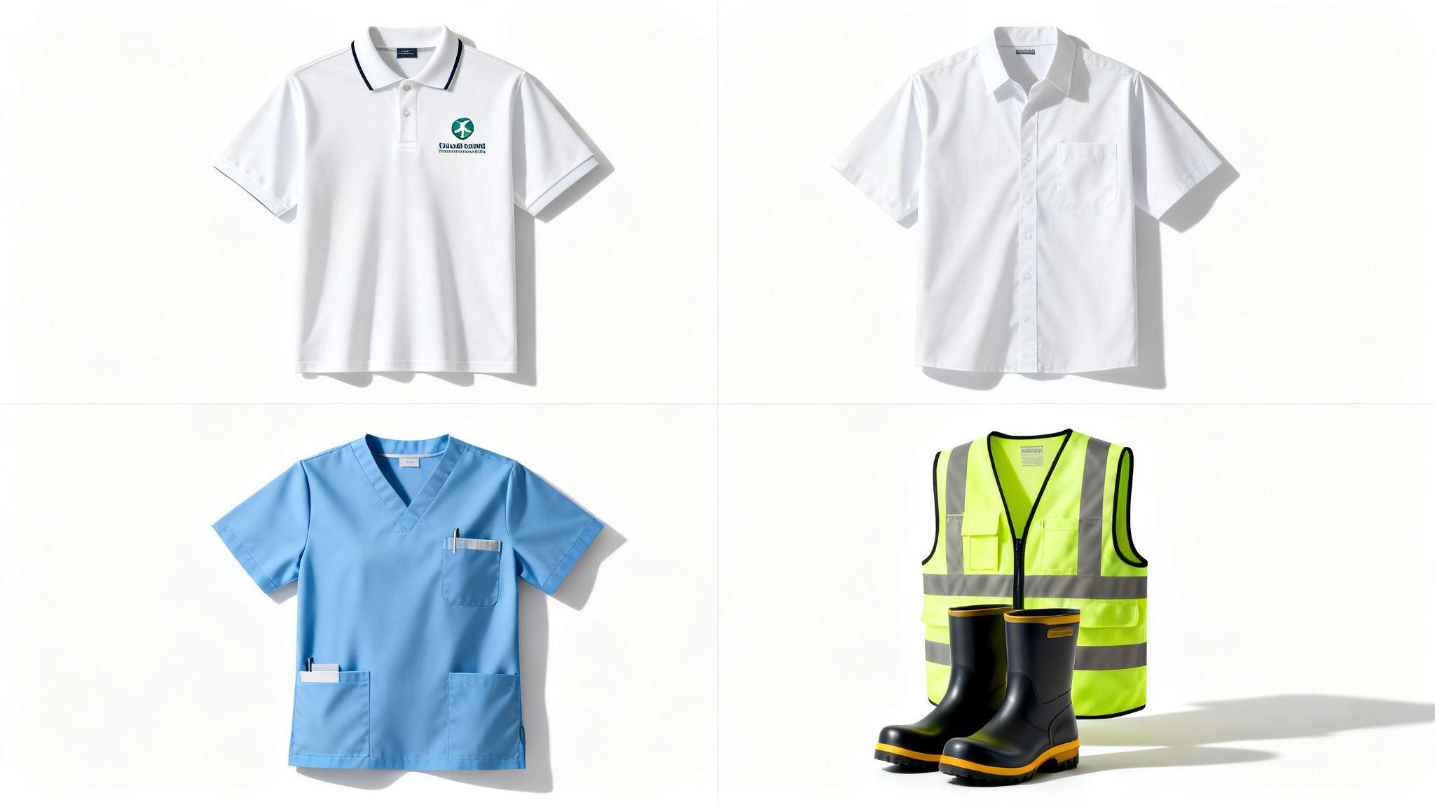 다양한 직업군의 유니폼 네 벌과 안전 장비(안전 조끼와 장화)가 흰색 배경에 정돈되어 있습니다.
