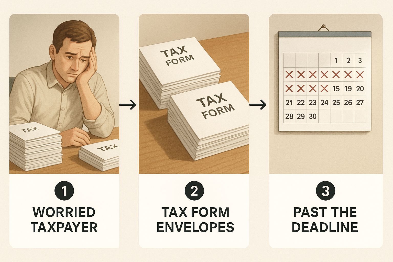"Illustration showing a worried taxpayer, a stack of tax form envelopes, and a calendar past the deadline"