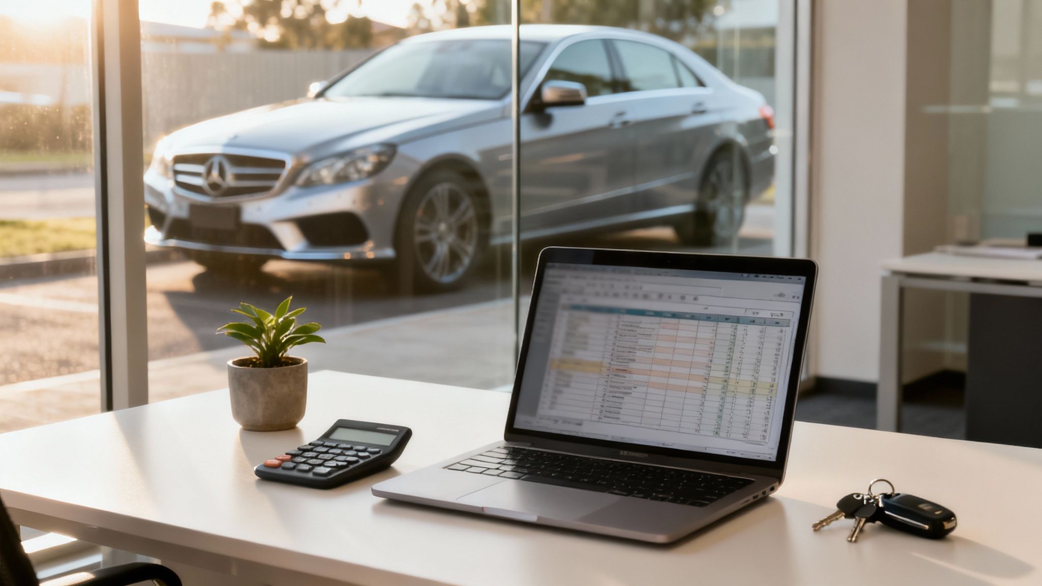 창밖으로 벤츠가 보이는 사무실 책상 위 랩톱, 계산기, 차 키가 놓여 있는 모습