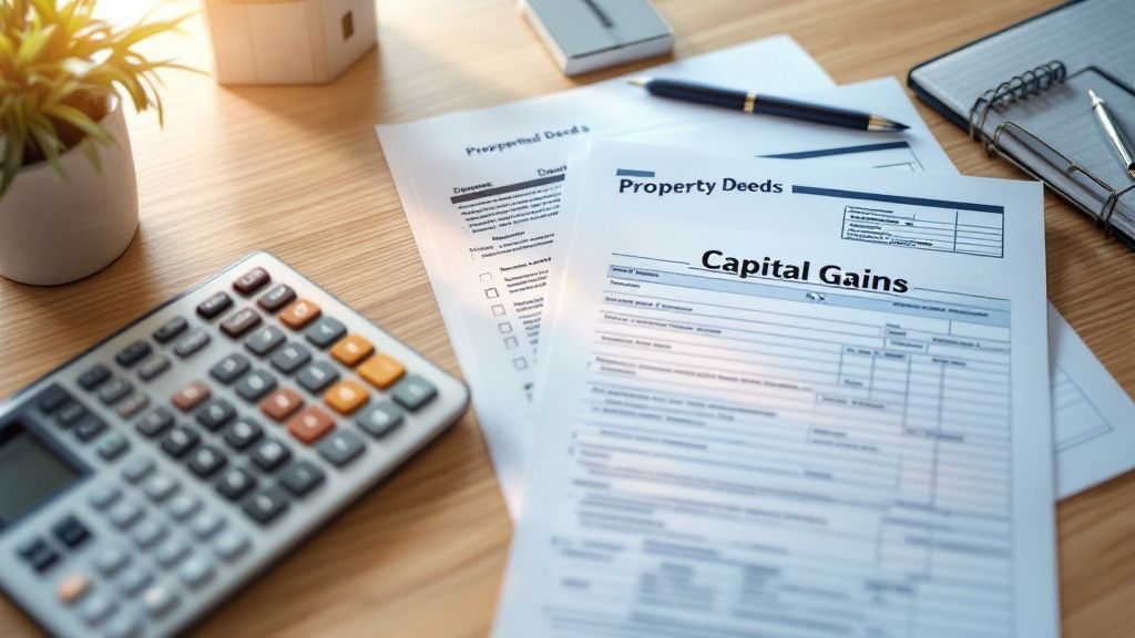 Capital Gains Tax (CGT) paperwork on a desk with calculator, property deeds, and financial documents – illustrating ATO tax obligations when selling assets in Australia