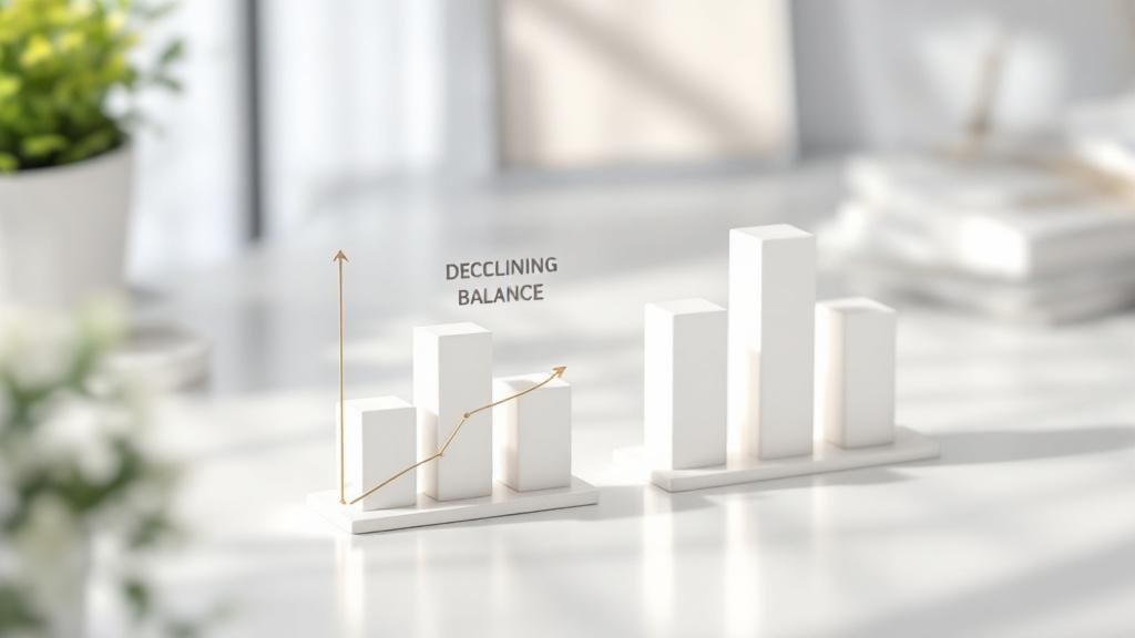 3D bar chart visualising the declining balance method of asset depreciation, illustrating how the depreciation expense reduces over time — ideal for explaining business tax strategies in Australia.