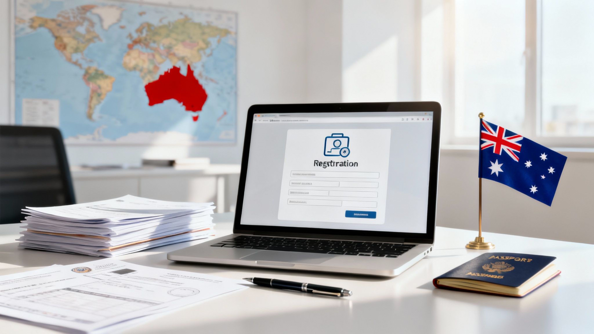 How to register a foreign company in Australia, showing overseas business documents and an Australian flag on a desk, representing ASIC registration and ATO compliance.