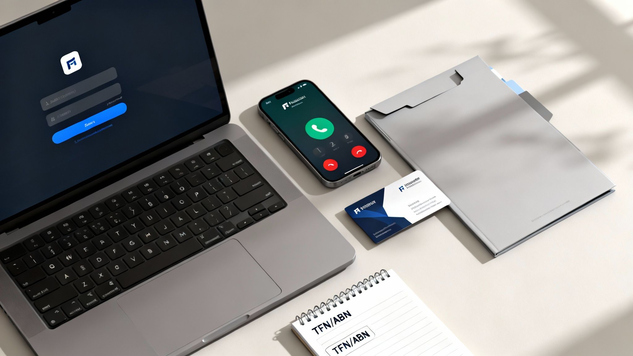 A professional desk setup featuring a login screen, smartphone, business card, folder, and notebook.
