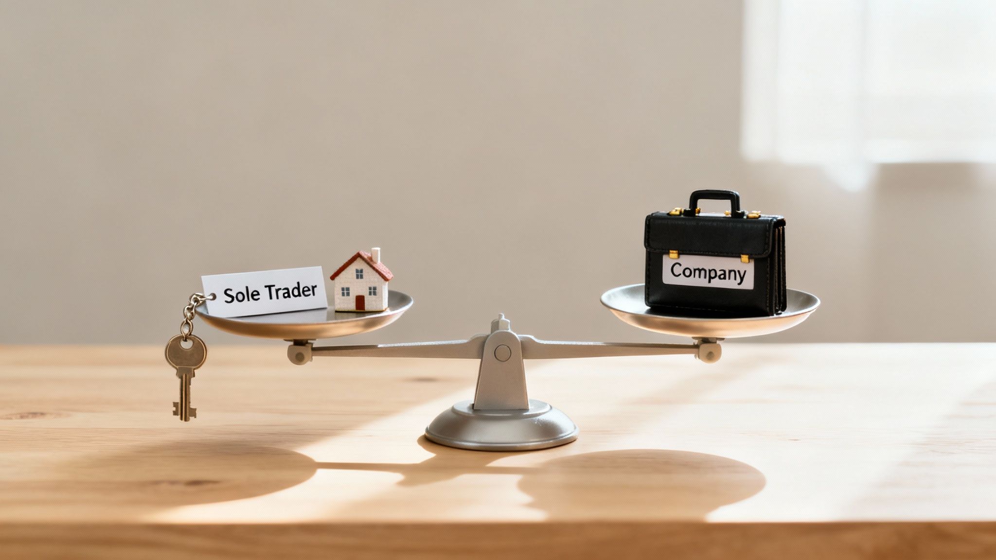 A balanced scale compares "Sole Trader" (house, key) against "Company" (briefcase), representing business structures.