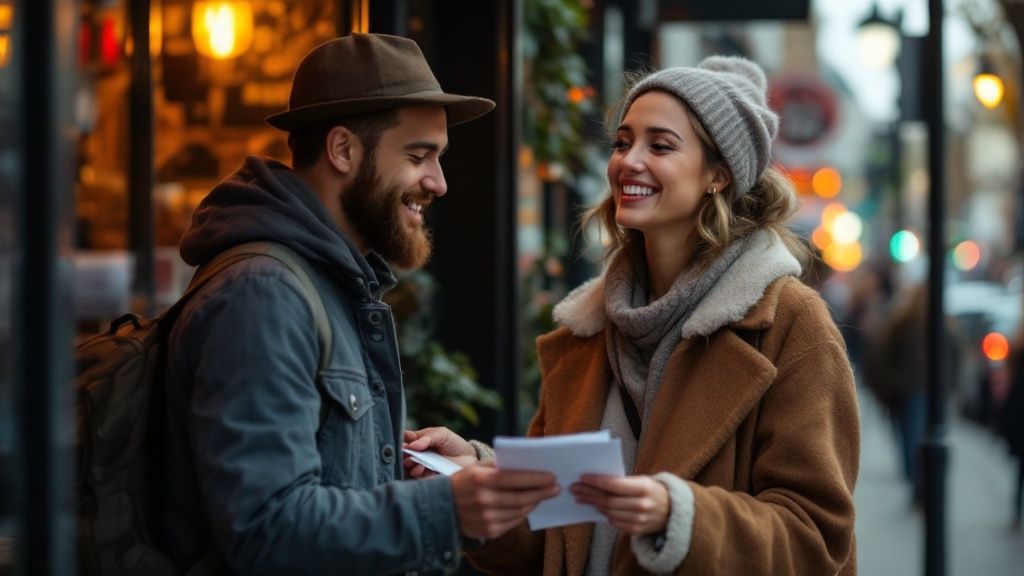 A smiling man and woman discussing documents outdoors in winter clothing