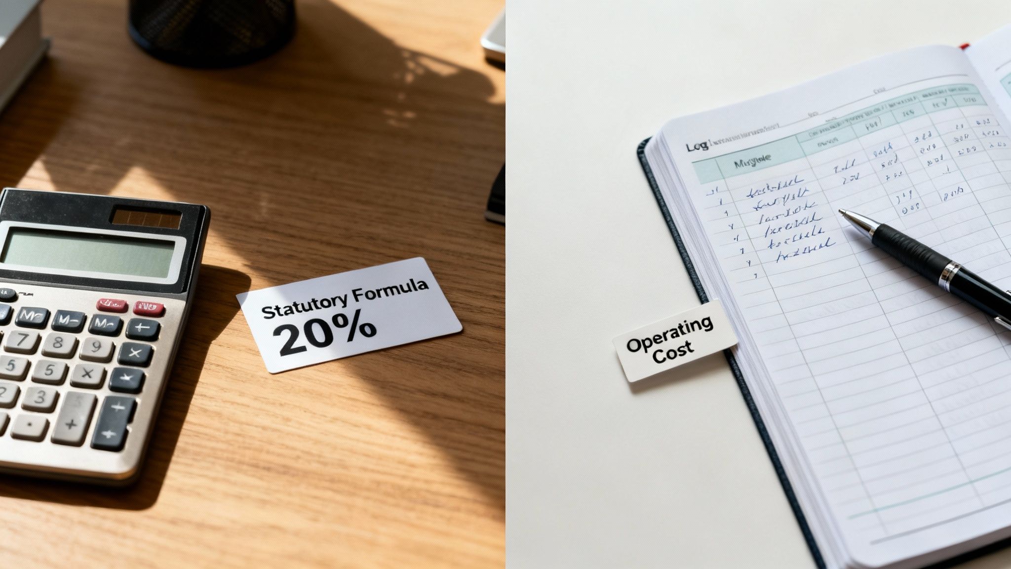 Desk setup for financial calculations with a calculator, a statutory formula card, and an operating cost ledger.