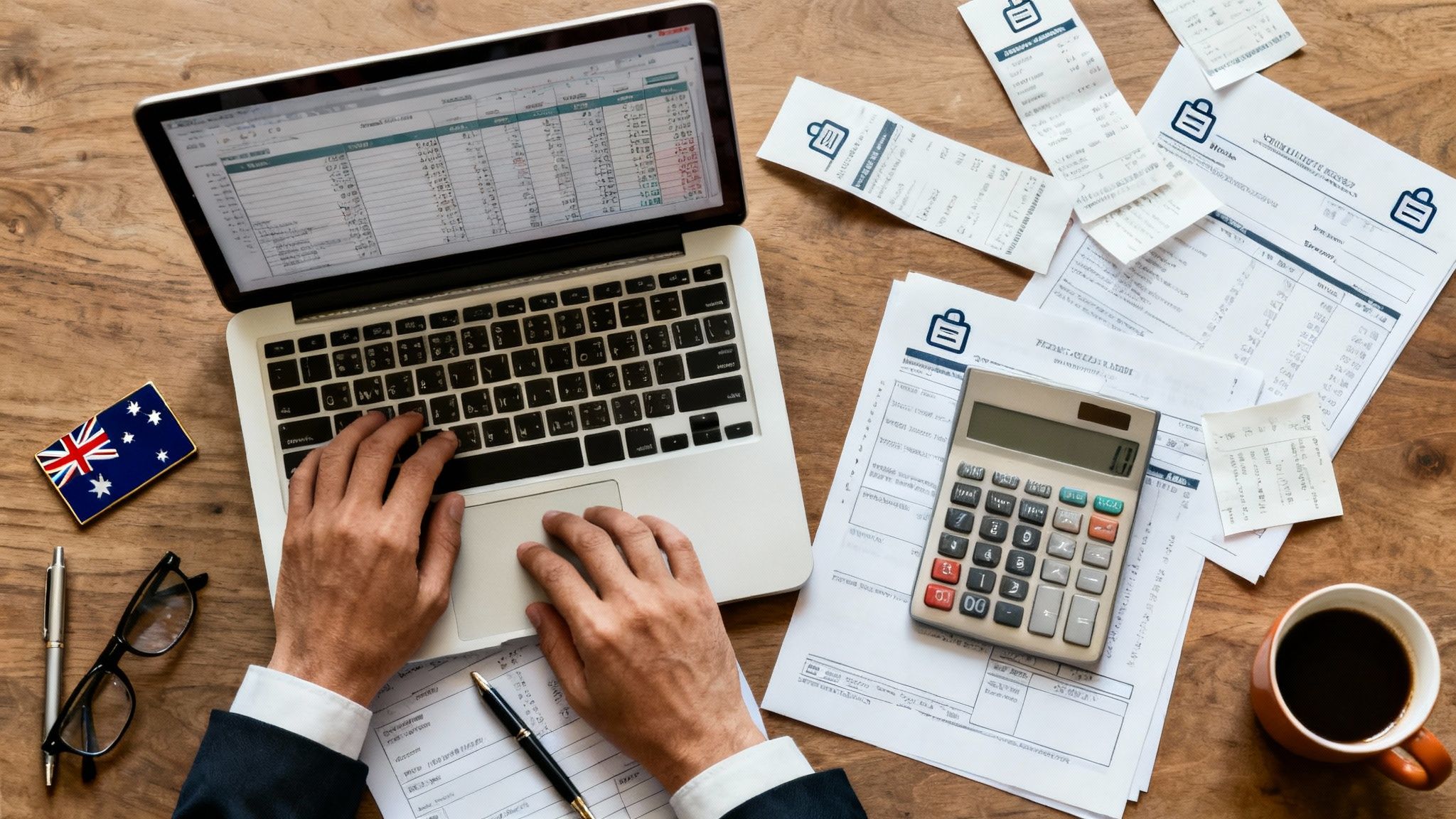 호주 개인사업자(Sole Trader)의 GST 등록과 신고를 설명하는 회계 책상 이미지로, 계산기와 영수증을 통해 GST 기준과 세무 관리의 중요성을 보여줍니다.