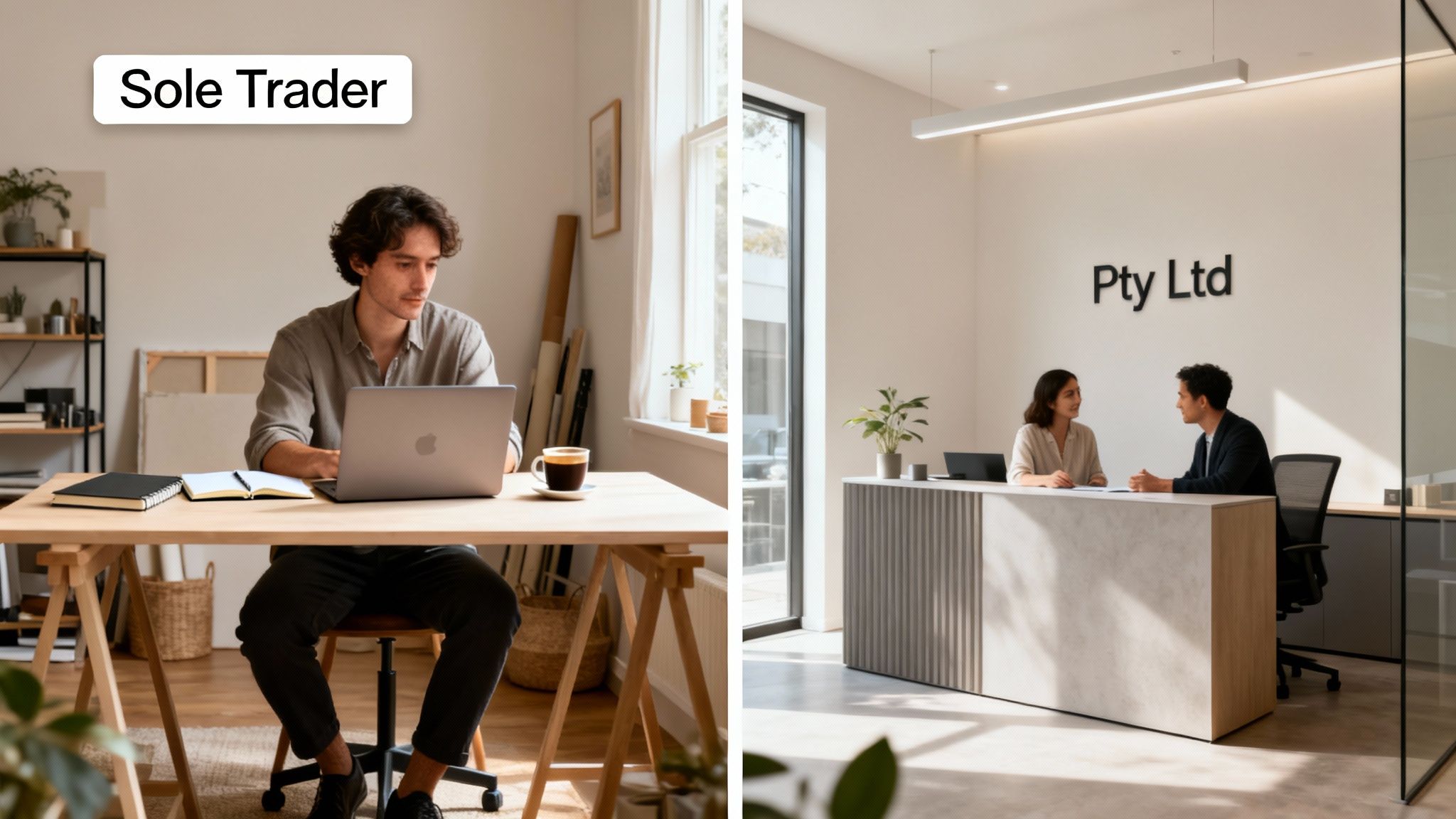 A split image contrasting a man working as a sole trader with two people at a company reception desk.
