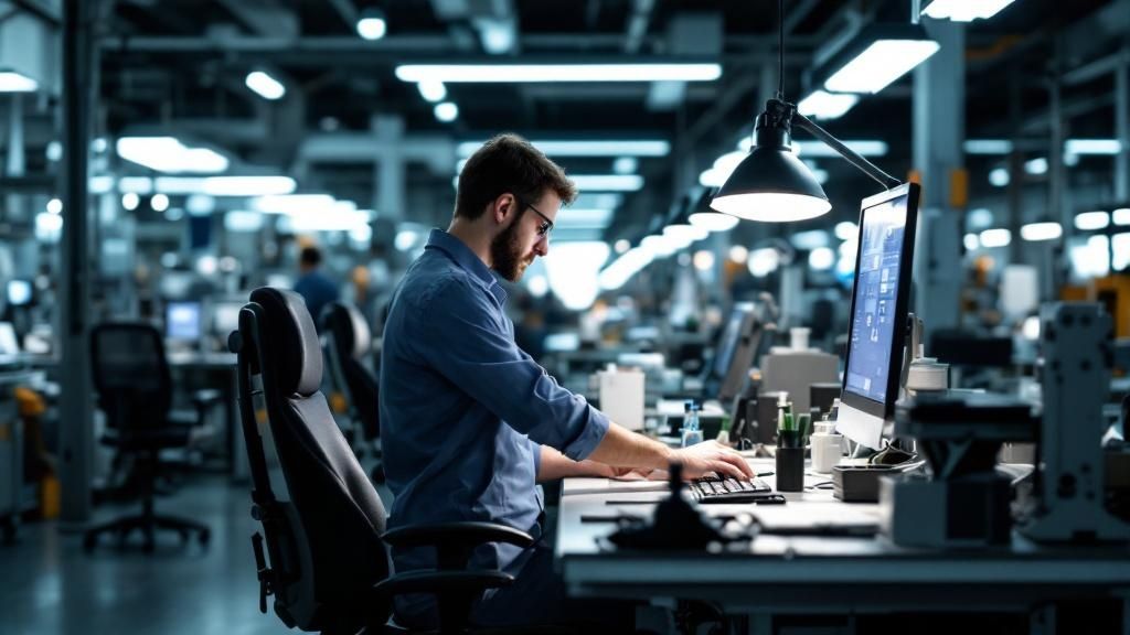 Factory worker studying at a computer workstation in a modern industrial facility