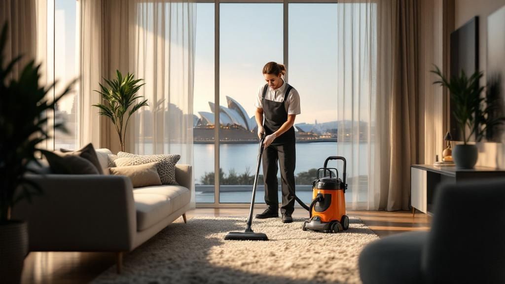 Professional cleaner vacuuming a modern apartment with Sydney Opera House visible through window