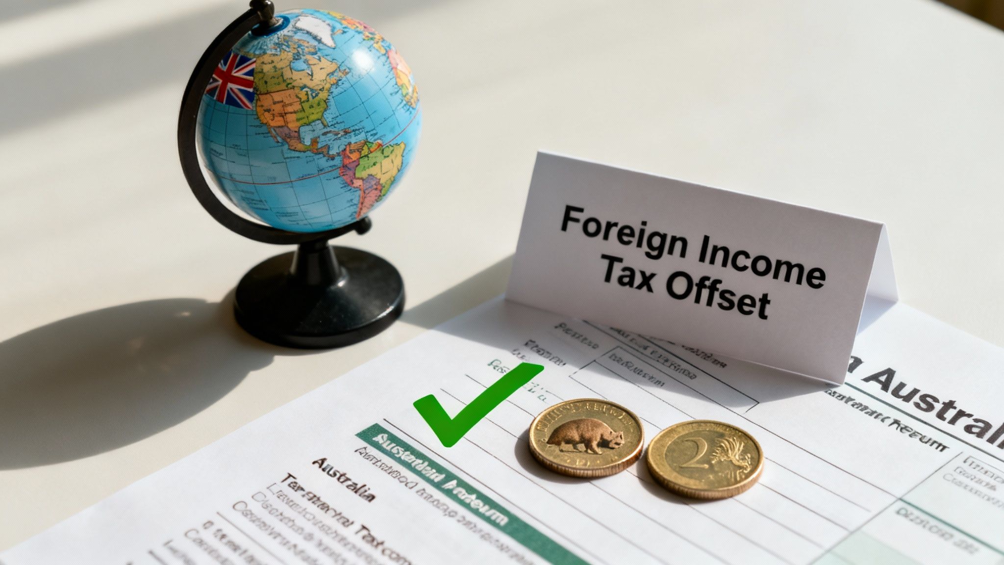 A desk with a globe, a sign saying 'Foreign Income Tax Offset', Australian tax documents, and Australian coins.