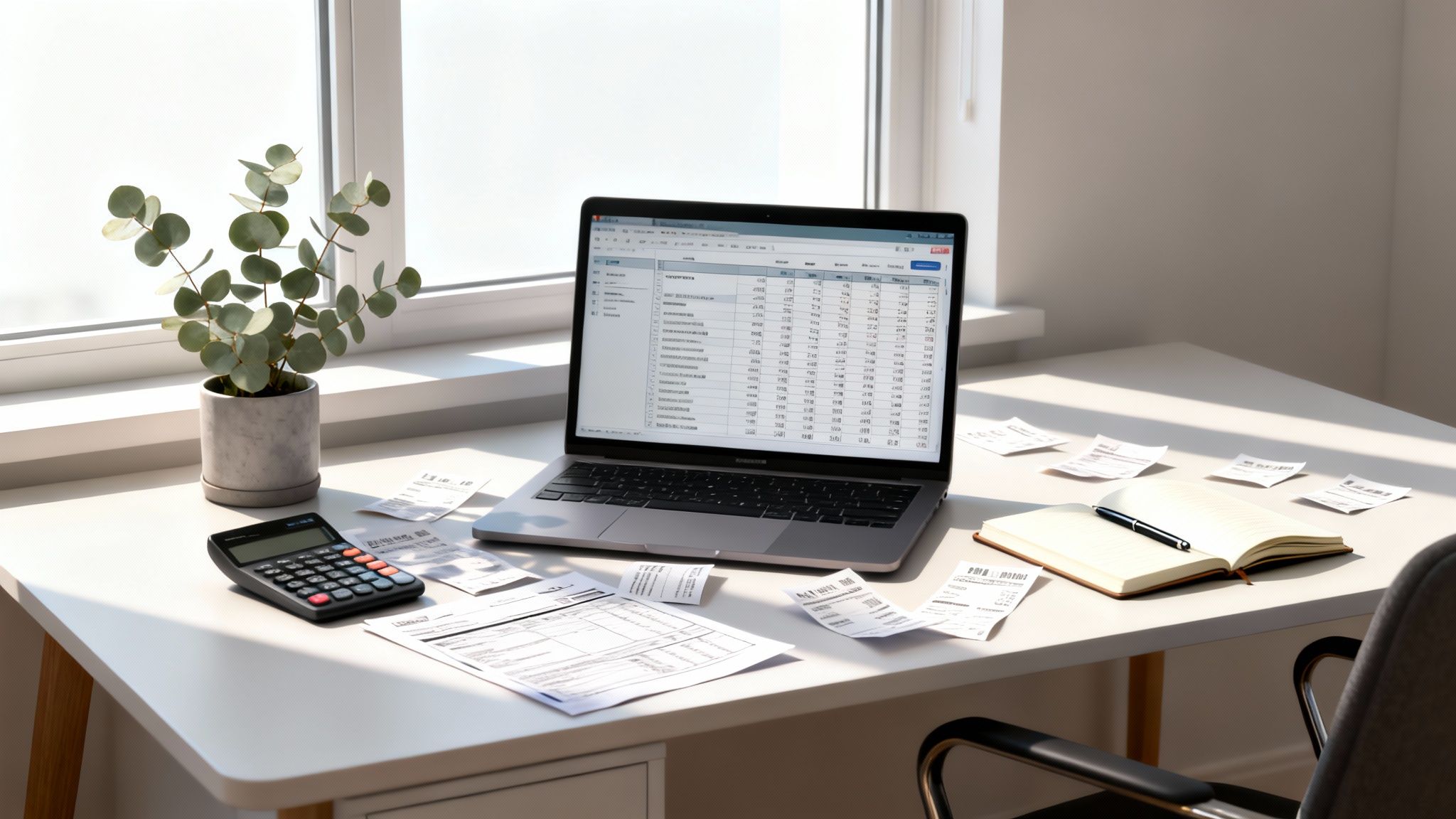 home office workspace with laptop, plant, and paperwork representing how to claim the home office tax deduction in australia