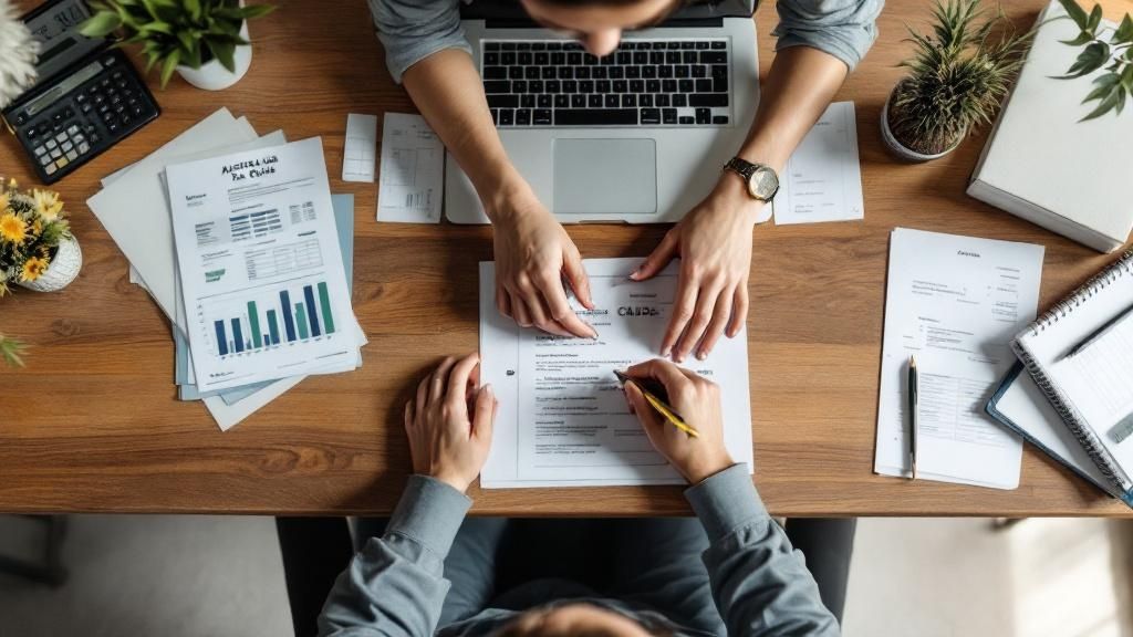 Business professionals reviewing Australian tax claim forms and financial charts at a desk