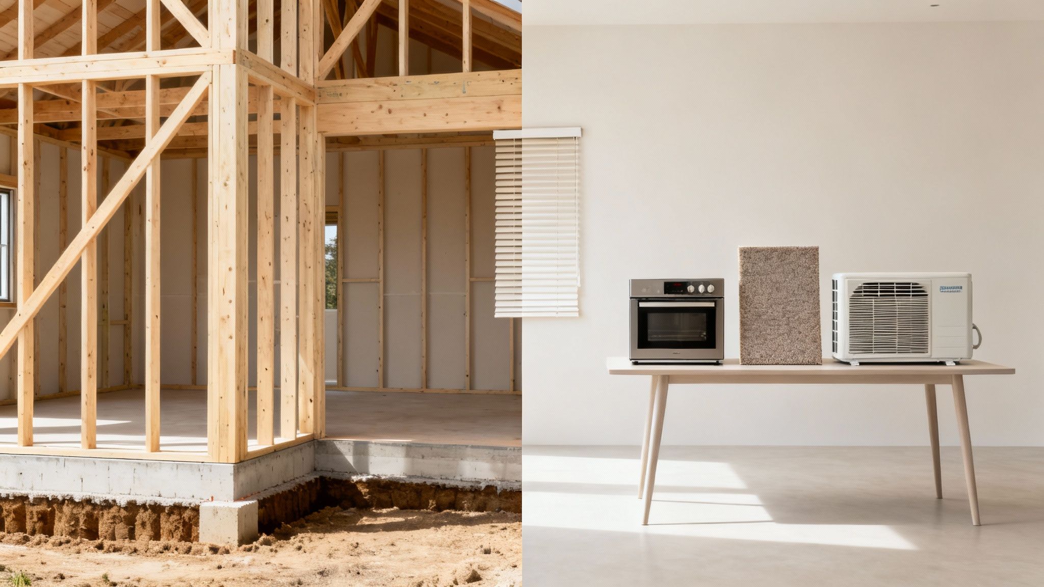 건설 중인 주택과 현대적인 실내 가전제품이 나란히 있는 이미지