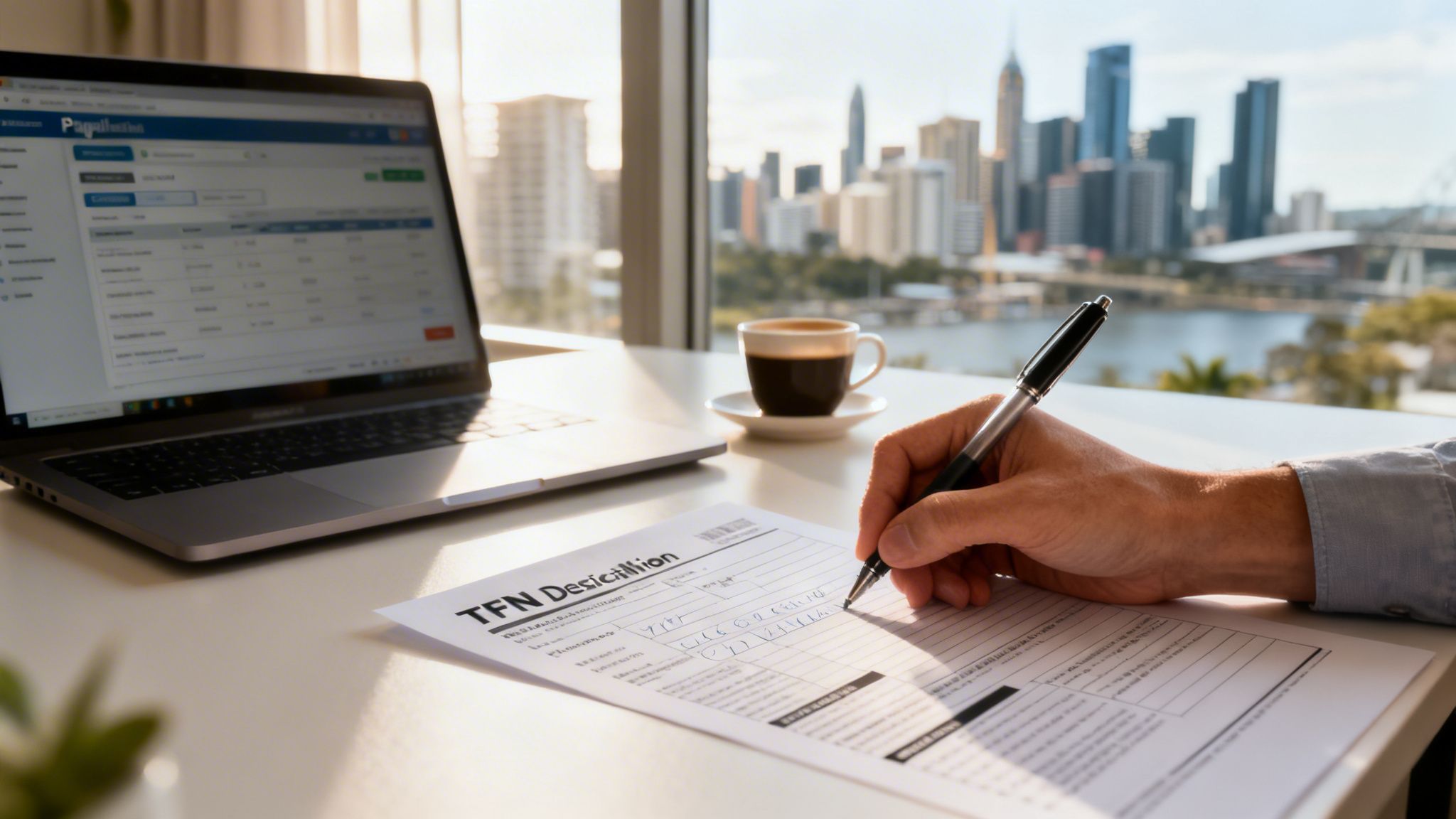 Person's hand writing on a TFN form at a sunlit desk with a laptop, coffee, and city skyline view.