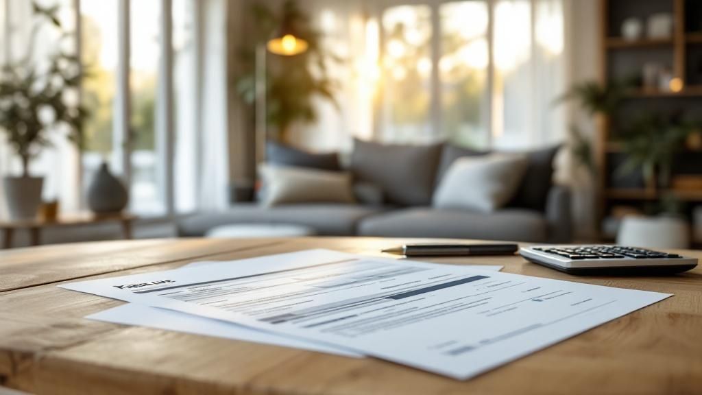 Tax document on wooden desk with calculator and pen in modern living room, representing rental property deductions in Australia