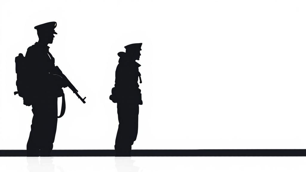 Silhouettes of two armed Australian Defence Force soldiers standing on a bright white background