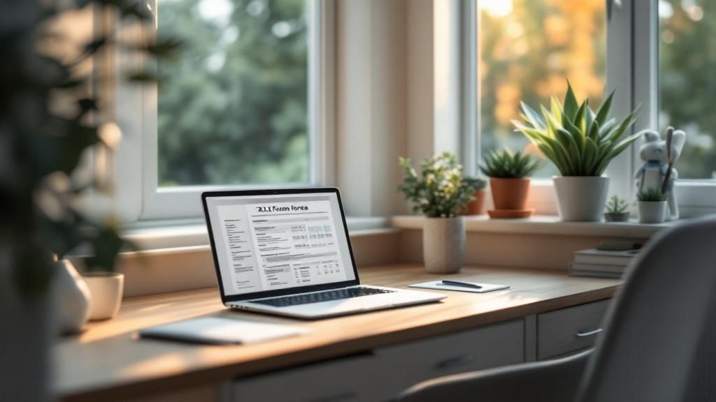 Home office desk with a laptop displaying a tax form, surrounded by coffee, smartphone, and indoor plants near a window
