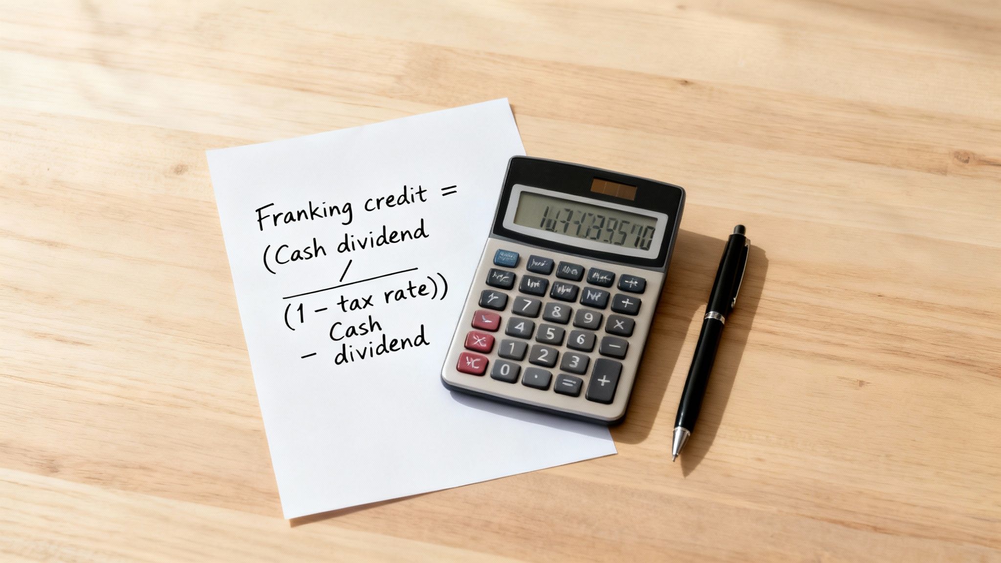 나무 책상 위에 프랭킹 크레딧 계산 공식이 적힌 종이, 계산기, 펜이 놓여 있습니다.