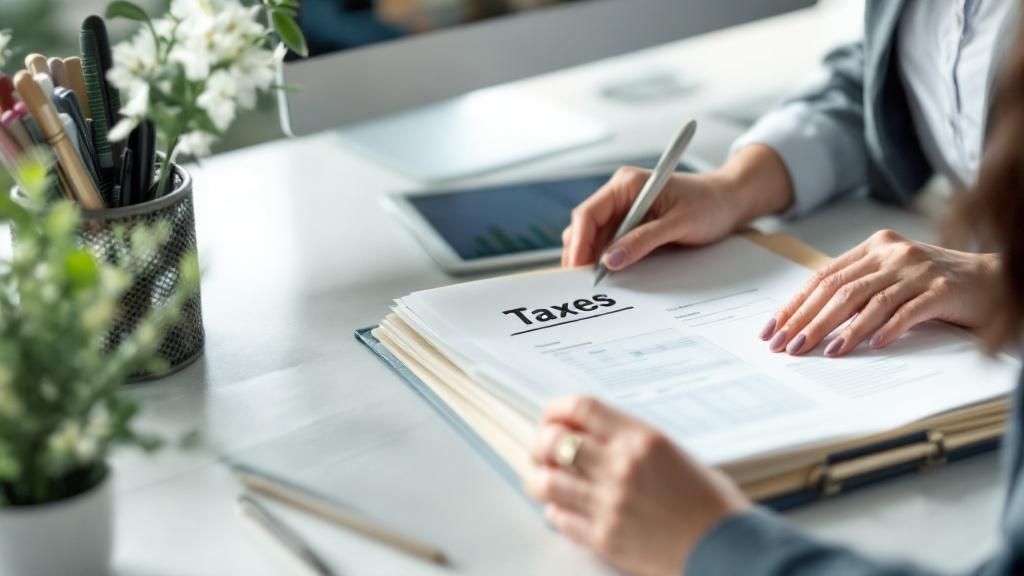 Close-up of a person reviewing tax documents at a desk, highlighting the importance of accurate tax reporting and deductions.