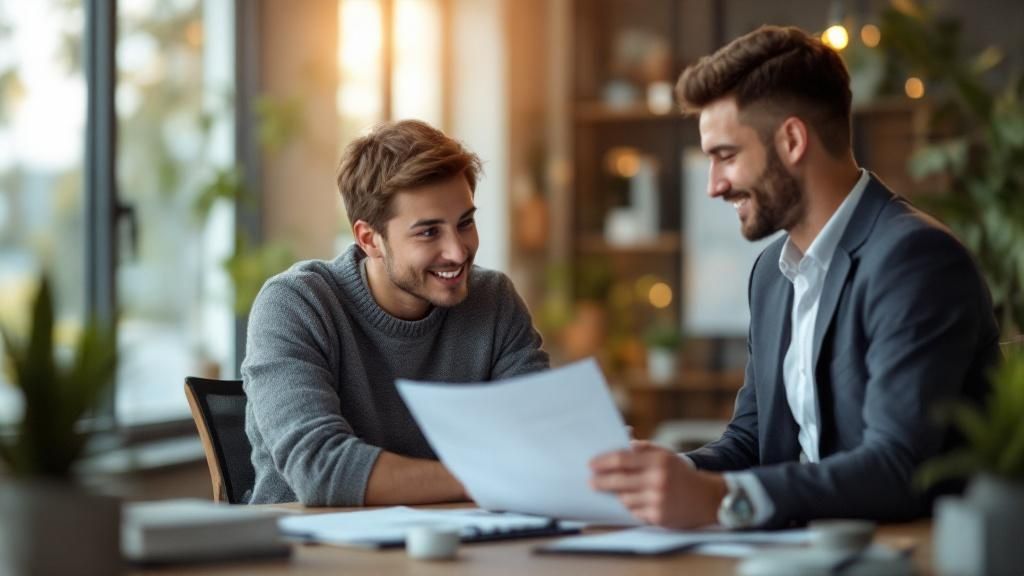 A young man receiving professional advice from a consultant in a modern office setting