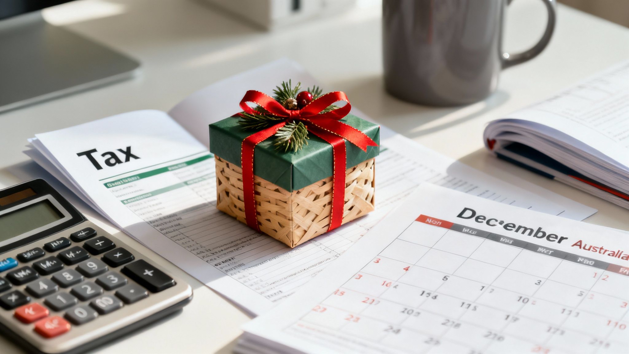 A desk with a Christmas gift box, tax documents, a calculator, and a December calendar.