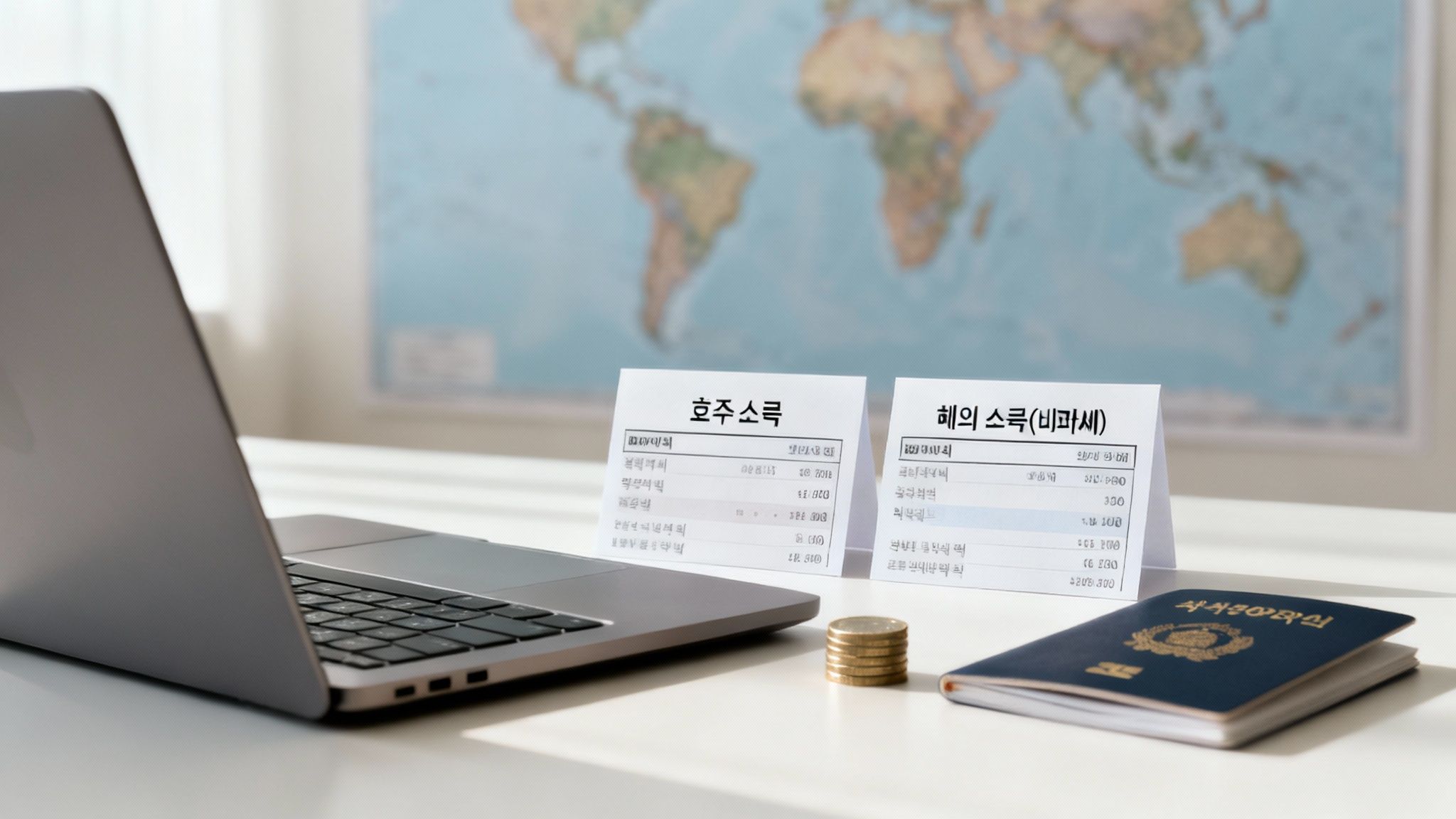 노트북, 여권, 세계 지도 배경 위에 호주 소득 및 해외 비과세 소득 서류가 놓여 있습니다.