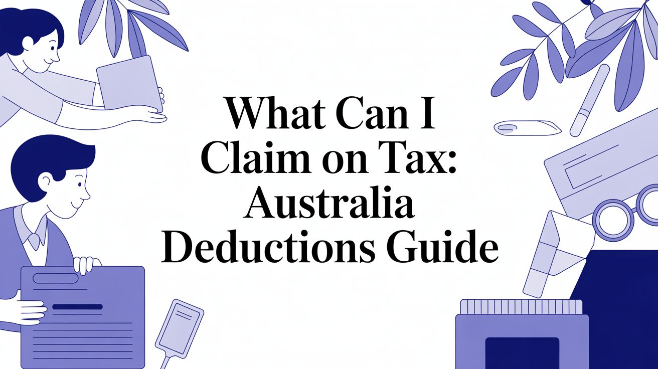 illustrated graphic showing a person reviewing documents beside the title “What Can I Claim on Tax in Australia? An ATO Guide to Deductions.