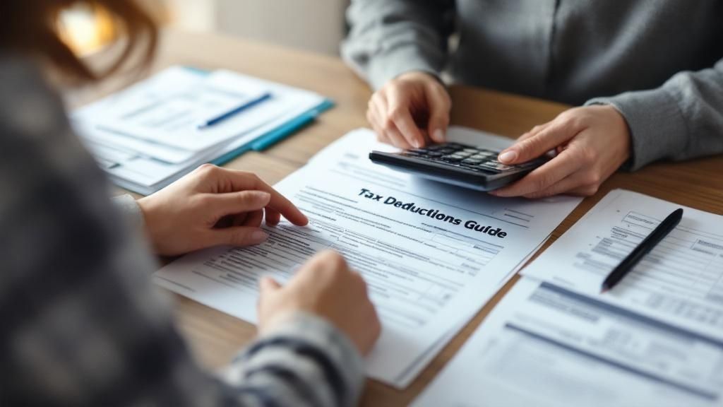 Hands using a calculator and reviewing a tax deductions guide