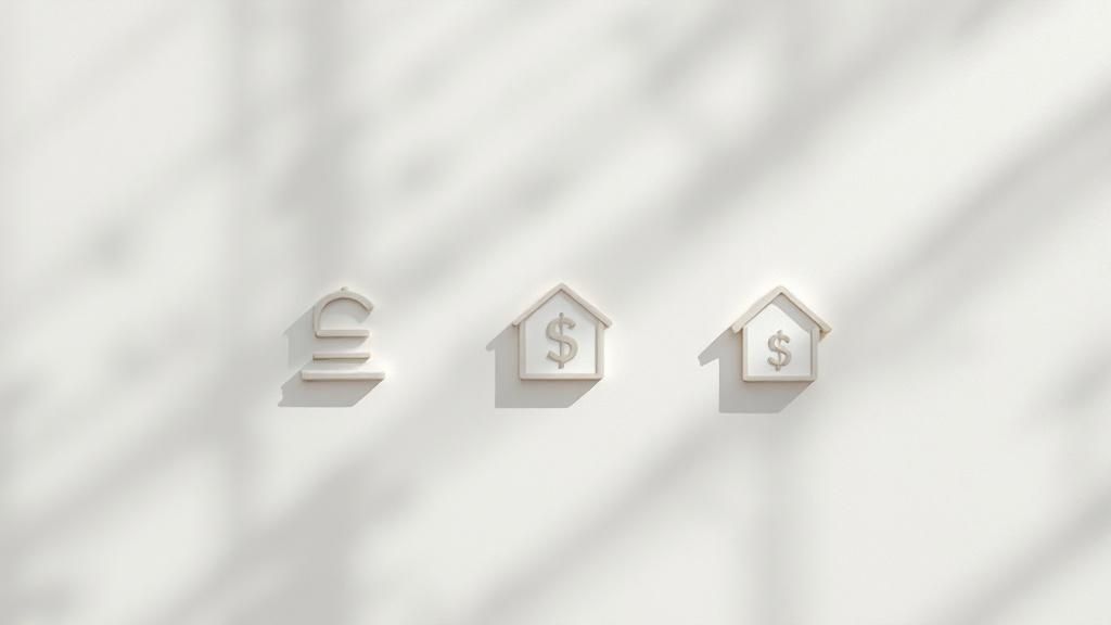 Three icons representing currency and property investment on a white background, illustrating financial assets for tax purposes.
