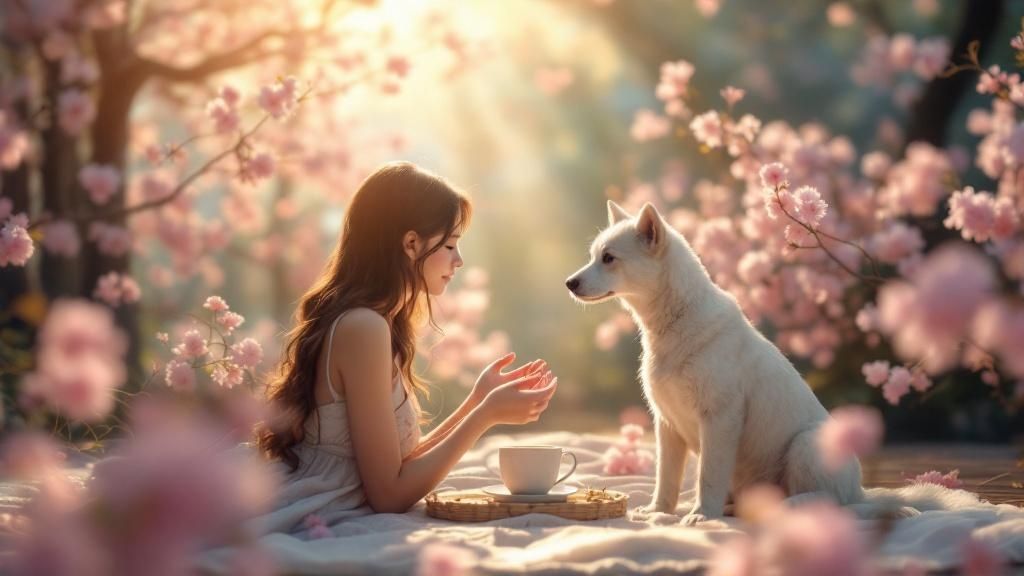 A woman and a white dog enjoying a spring picnic under blooming cherry blossoms