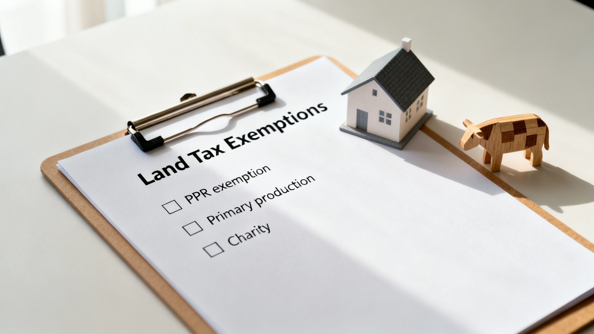 A clipboard with a document titled 'Land Tax Exemptions' and a checkbox list, next to a model house and a wooden cow.