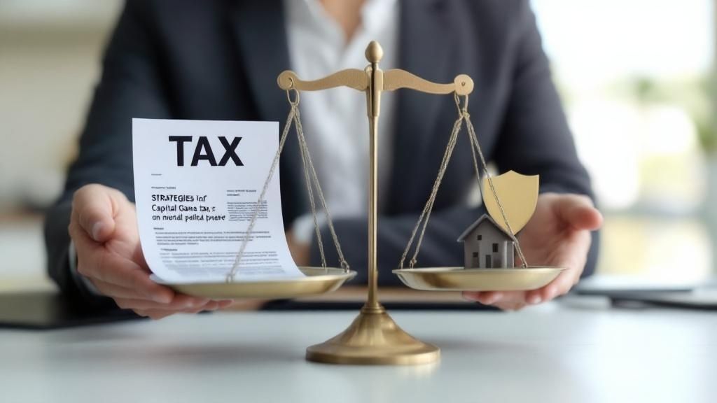 A person holding a balance scale with a document labeled "TAX" on one side and a miniature house with a shield on the other, symbolising the balance between taxation and protecting property investment.