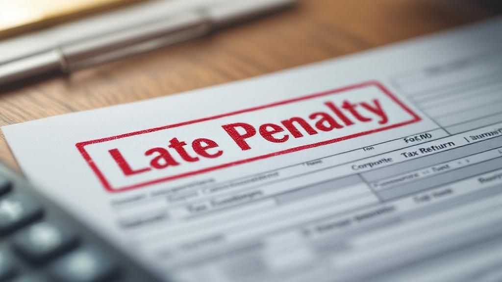 Tax form with a red "Late Penalty" stamp on a desk