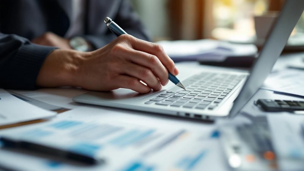 Person holding a pen and working on a laptop surrounded by financial documents