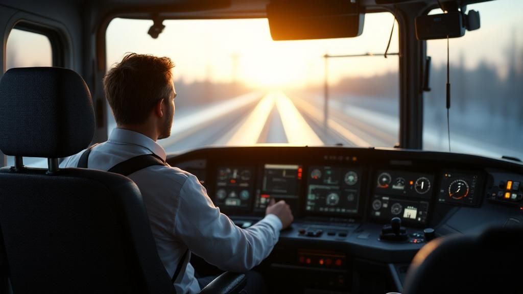 Train driver operating a modern locomotive from the control cabin at sunrise.