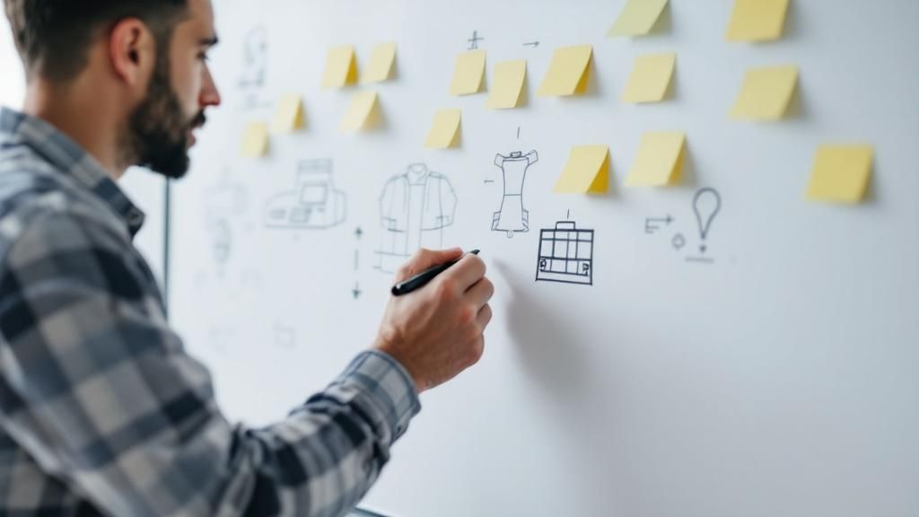 Man drawing design and development concepts on a whiteboard covered with sticky notes.