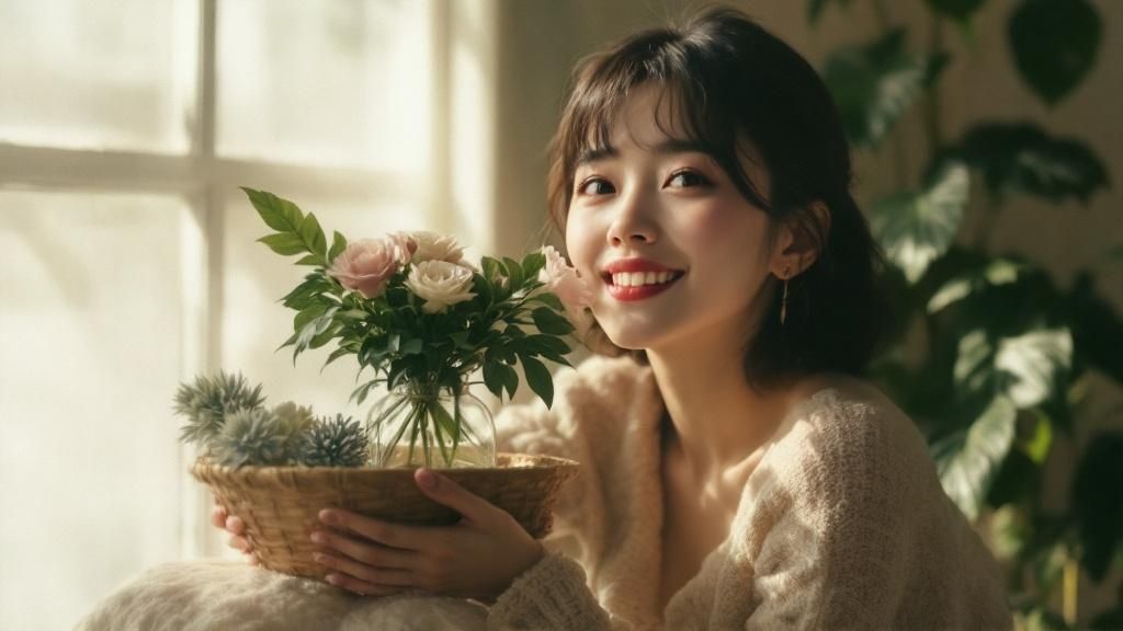 Smiling woman holding a basket with flowers in a sunlit room