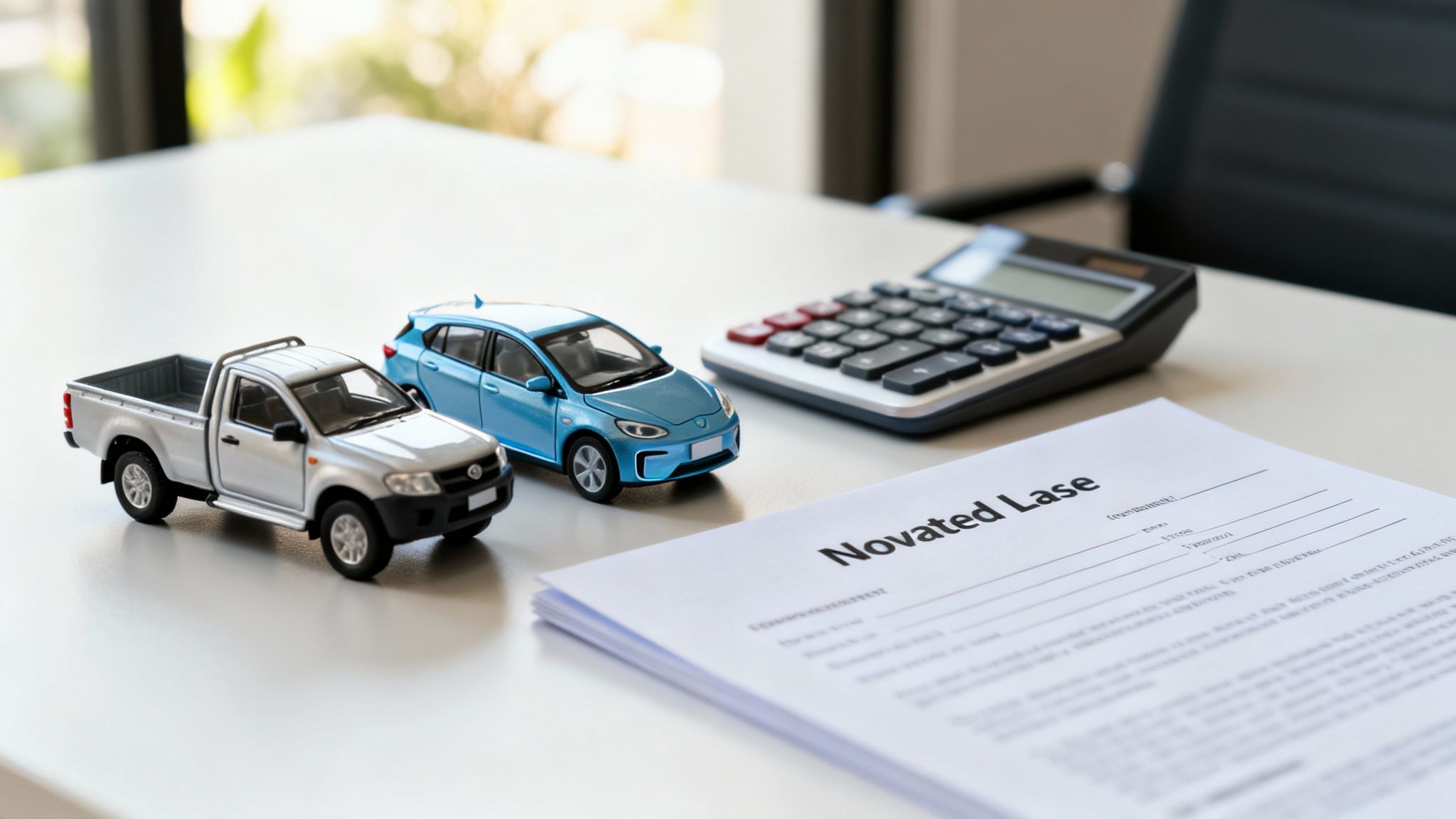 Miniature car models, a calculator, and a 'Novated Lease' document on a desk, representing vehicle financing.