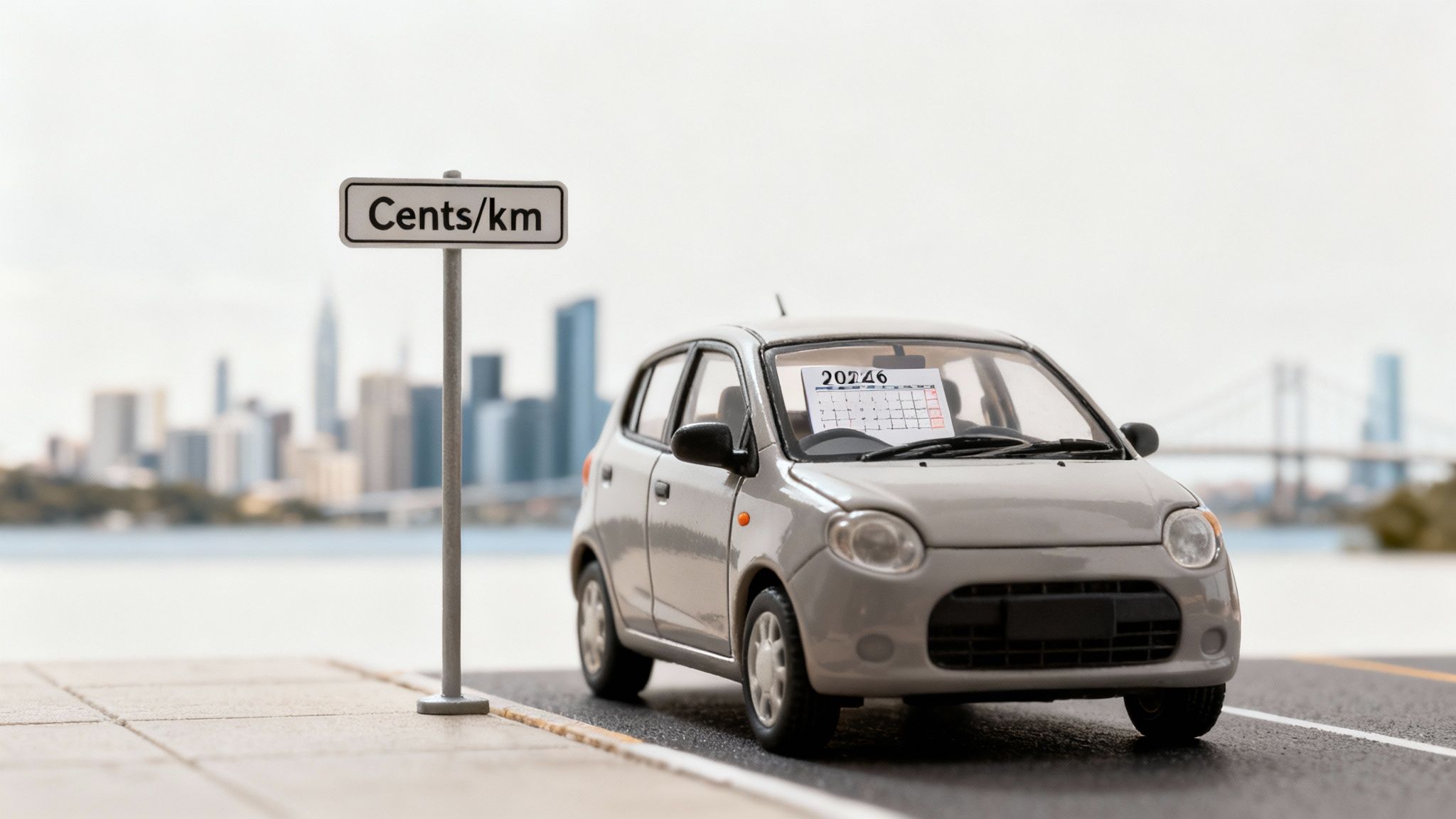 A miniature grey car on a road next to a "Cents/km" sign, with a 2026 calendar on the windshield and a city skyline in the background.