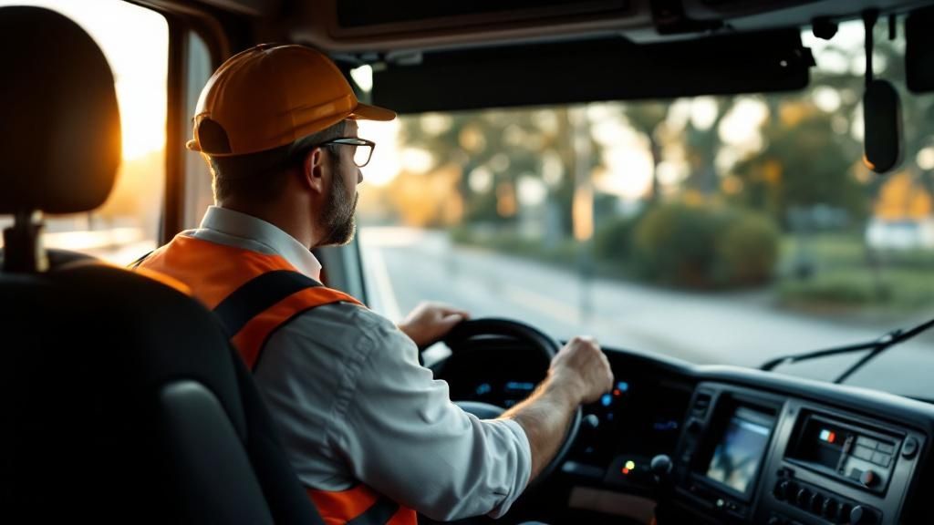 Male bus driver wearing a safety vest and cap, driving through a suburban road