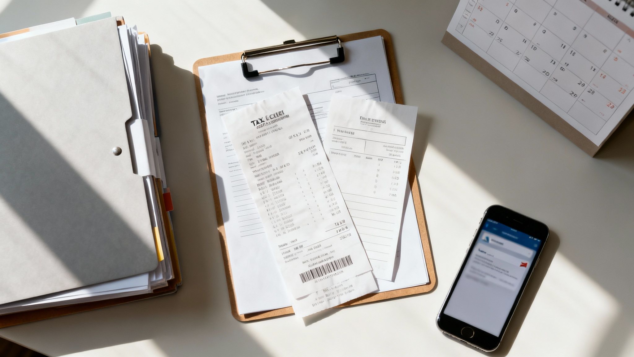 영수증, 서류철, 달력, 스마트폰이 놓인 책상 풍경. 재정 관리 또는 문서 정리 중인 모습입니다.