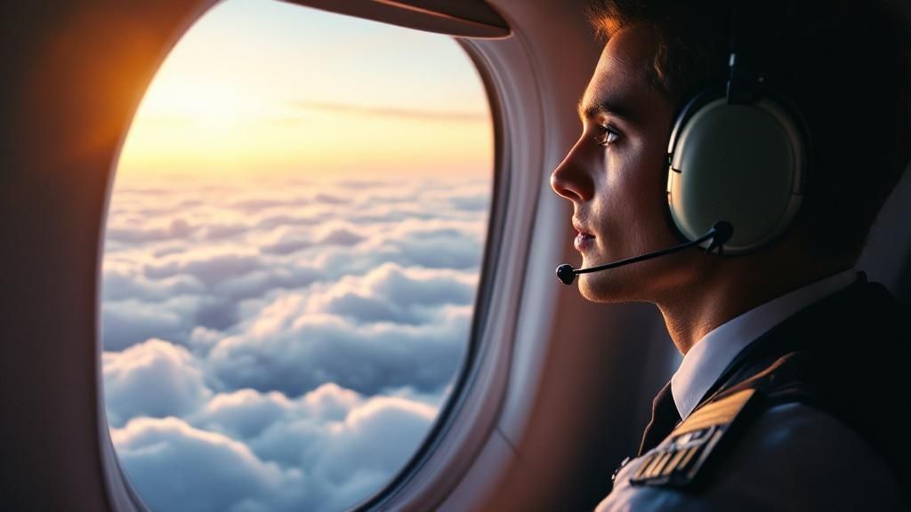 A focused commercial pilot wearing a headset, looking out the window at sunset above the clouds.