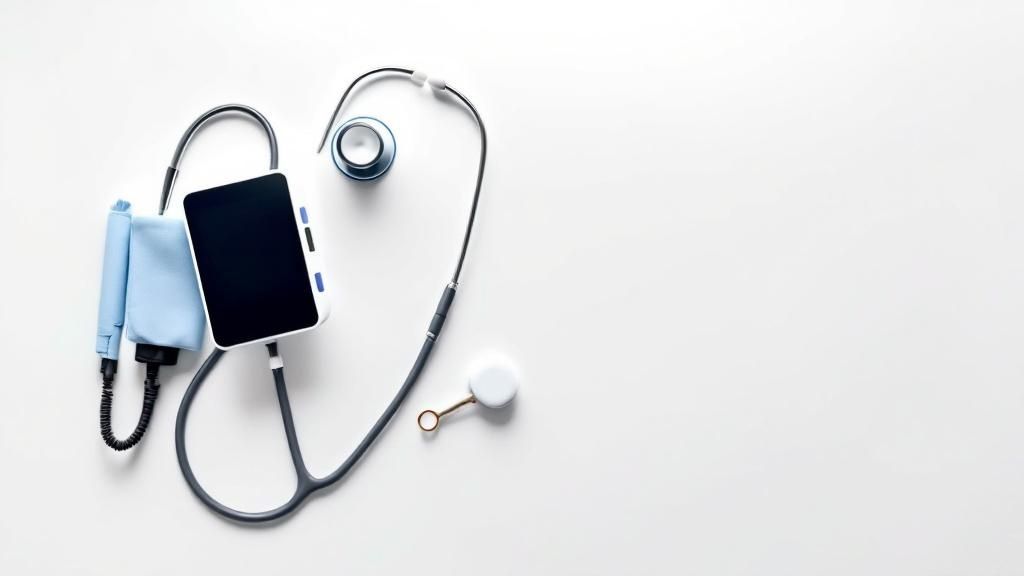Flat lay of nursing tools including stethoscope, blood pressure monitor, and digital tablet on white background