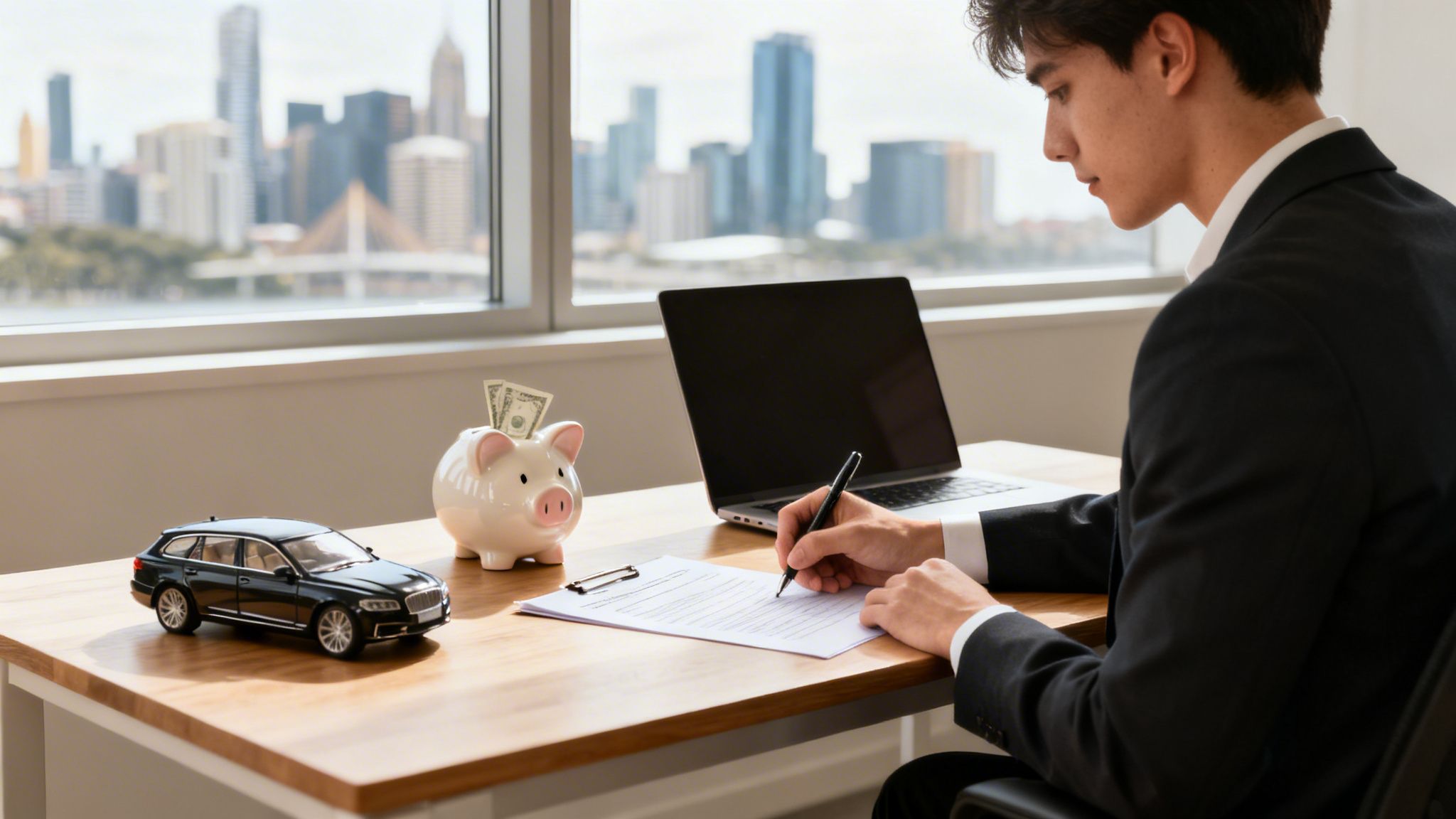 도시 풍경을 배경으로, 남성이 책상에서 서류에 서명하고 있다. 저금통과 장난감 차가 보인다.
