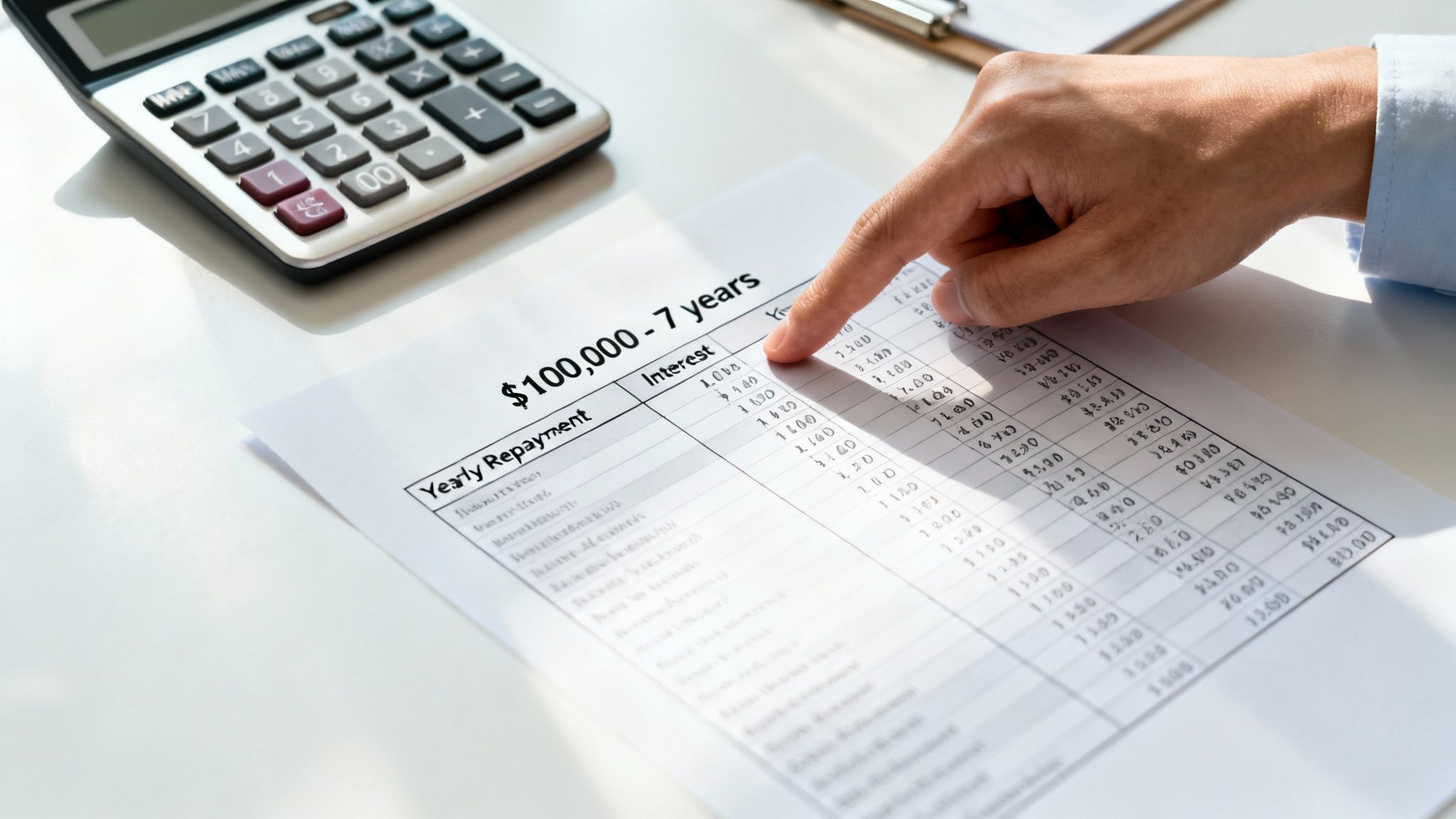손가락으로 대출 상환 계획표를 가리키며 계산하는 재무 분석가의 모습입니다.