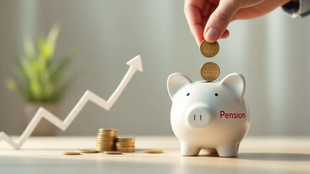 Hand inserting coin into piggy bank labeled Pension, with rising arrow and stacked coins symbolizing financial growth