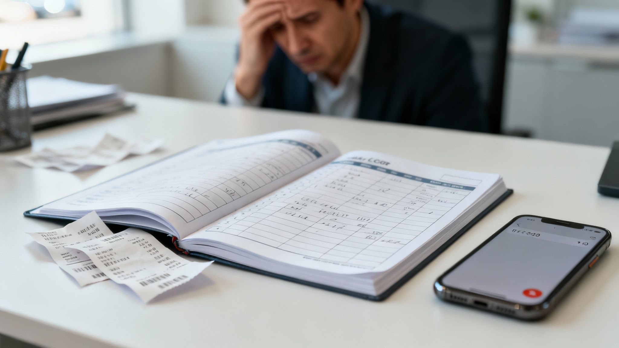 스트레스받은 남자가 영수증과 장부를 보며 재정을 검토하고 있다.